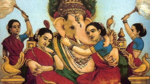 lord ganesh with his five wives - Riddhi, Sidhi, Tushti, Pushti, and Shree.
